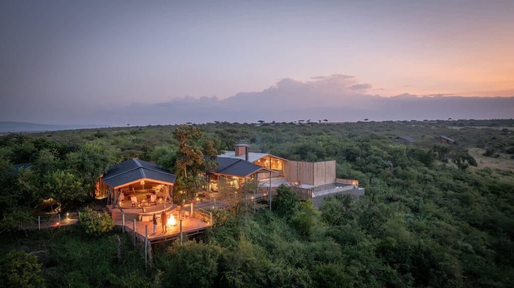 Saruni Basecamp Saruni Eagle View Silverless camp aerial at dusk